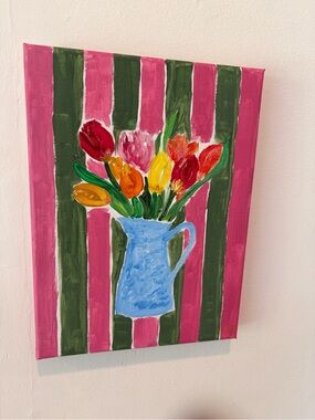 Hand-Painted Floral Canvas Art - Pink & Green Striped Tulips